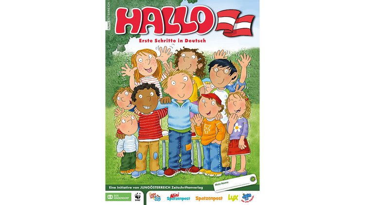 Ein Cover des Magazins "Hallo Österreich" zeigt eine Zeichnung vieler Kinder, die freundlich lächeln.