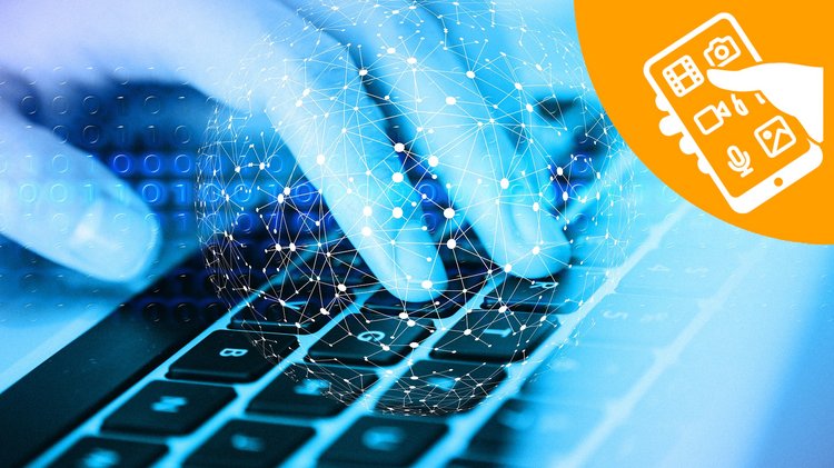 Hand auf einer Tastatur, von einem Netz an Knotenpunkten überlagert. In der Ecke das Icon von DGB/Handeln