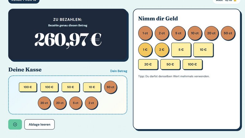 Spieloberfläche einer KI-generierten Lernapp bei der Geldmünzen und -scheinen gemäß den Euro-Werten auf eine Spielfläche gezogen werden müssen