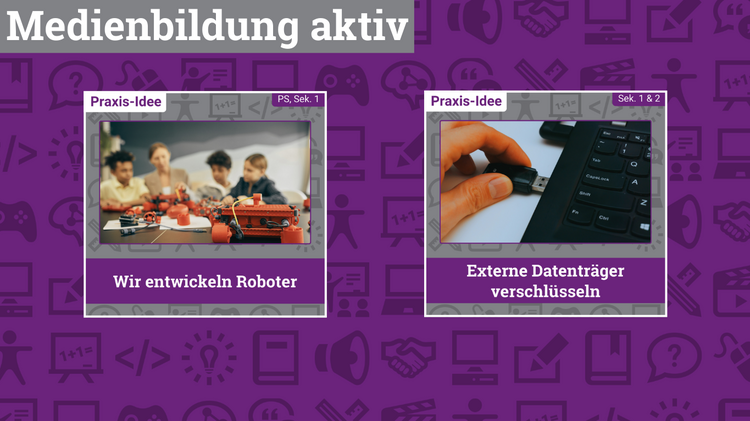 Im Bild links oben steht "Medienbildung aktiv", darunter sind zwei Kacheln zu sehen. In der einen ist eine Frau mit Kindern um Roboter gruppiert, in der anderen sieht man eine Hand, die einen USB-Stick ansteckt.
