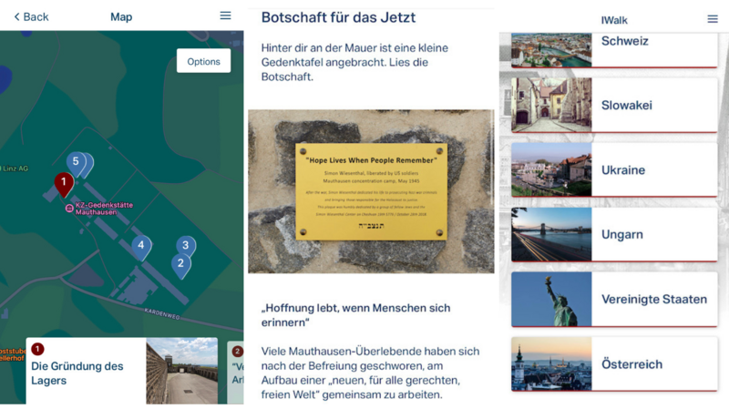 3 Screenshots aus der IWalk-App nebeneinander. Links eine Landkarte mit verschiedenen markierten Stationen. In der Mitte Info-Text und ein Bild und rechts eine Auflistung der verschiedenen Länder, in denen IWalk-Touren in der App angeboten werden.