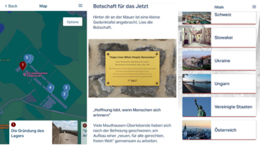 3 Screenshots aus der IWalk-App nebeneinander. Links eine Landkarte mit verschiedenen markierten Stationen. In der Mitte Info-Text und ein Bild und rechts eine Auflistung der verschiedenen Länder, in denen IWalk-Touren in der App angeboten werden.