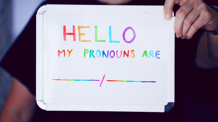 Eine Person hält ein Schild in die Kamera, darauf steht geschrieben "Hello My pronouns are ___ / ___"