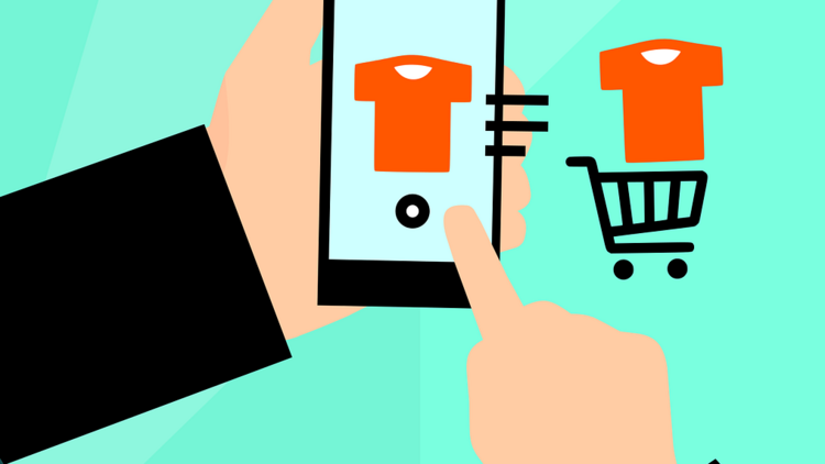 Grafik eines Smartphones, auf dem gerade ein T-Shirt gekauft wird