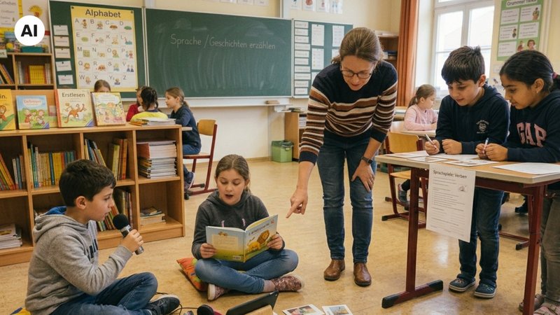 2 Kinder sitzen am Boden. Das eine nimmt etwas mit einem Audioaufnahmegerät auf, die anderen zwei stehen an einem Tisch. In der Mitte ist die Lehrkraft.