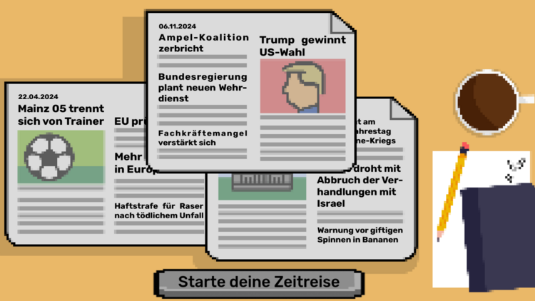 Screenshot des Lernspiels Nachrichtenmacher: Drei verschiedene Zeitungsausgaben mit verschiedenen Schlagzeilen liegen auf einem Schreibtisch.