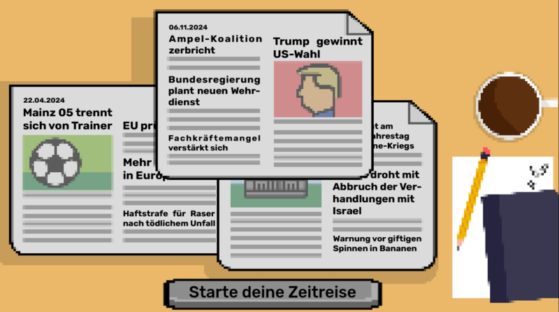 Screenshot des Lernspiels Nachrichtenmacher: Drei verschiedene Zeitungsausgaben mit verschiedenen Schlagzeilen liegen auf einem Schreibtisch.