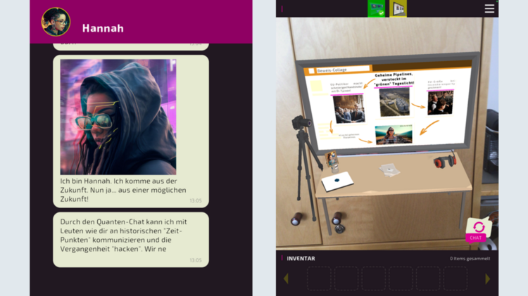 Zwei Screenshots aus der App Escape Fake nebeneinander: Links ein Chatfenster, rechts ein augmentierter Computerscreen.