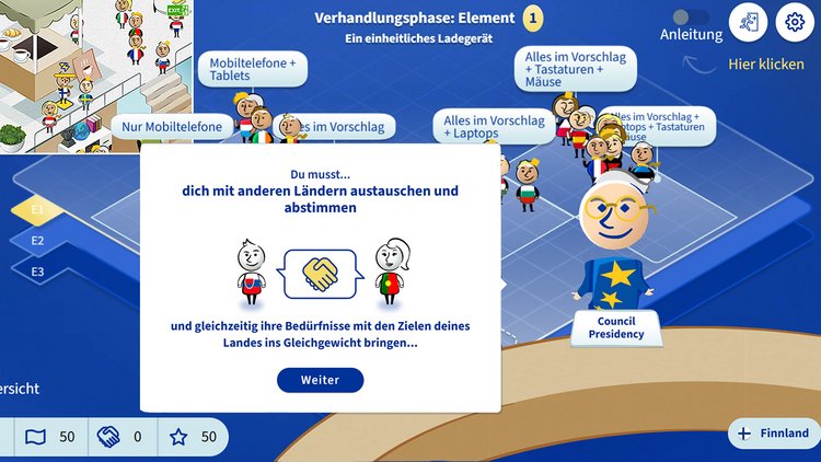 Es sind mehrere Comicfiguren aus dem Lernspiel "EUcraft" zu sehen, in dem politische Entscheidungen getroffen werden müssen