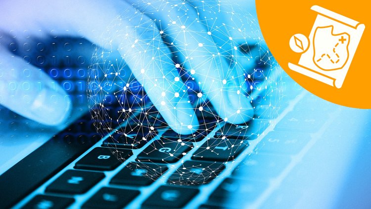 Hand auf einer Tastatur, von einem Netz an Knotenpunkten überlagert. In der Ecke das Icon von DGB/Orientierung