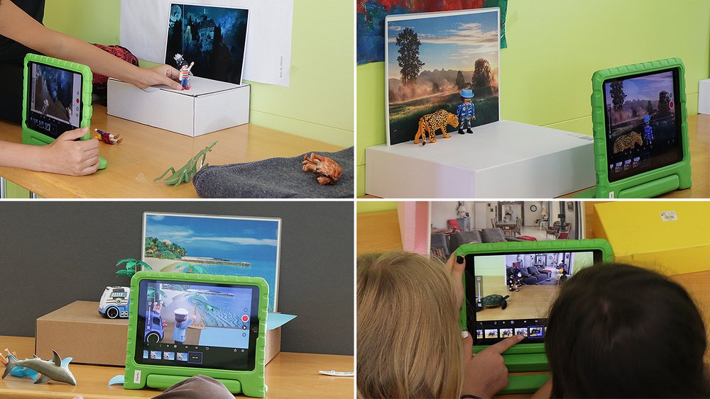 Auf den vier Bildern sind verschiedene Stadien der Produktion von Stop Motion Filmen zu sehen. Dabei ist immmer ein grün ummanteltes Tablet und verschiedene Playmobilfiguren zu sehen.