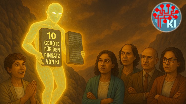 Ein KI-generiertes Bild, auf dem ein mystisches Wesen zu sehen ist, das mit zwei Steintafeln zu Menschen kommt