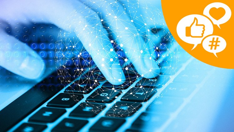 Hand auf einer Tastatur, von einem Netz an Knotenpunkten überlagert. In der Ecke das Icon von DGB/Kommunikation