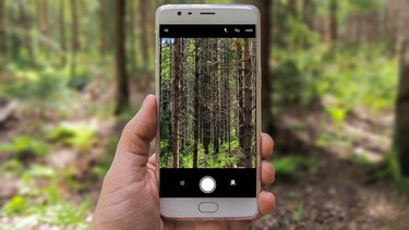 Eine Hand hält ein Smartphone, im Hintergrund ist ein Wald zu erkennen. Am Smartphone ist die Kamera-App geöffnet und zeigt einen Blick auf den Wald. 