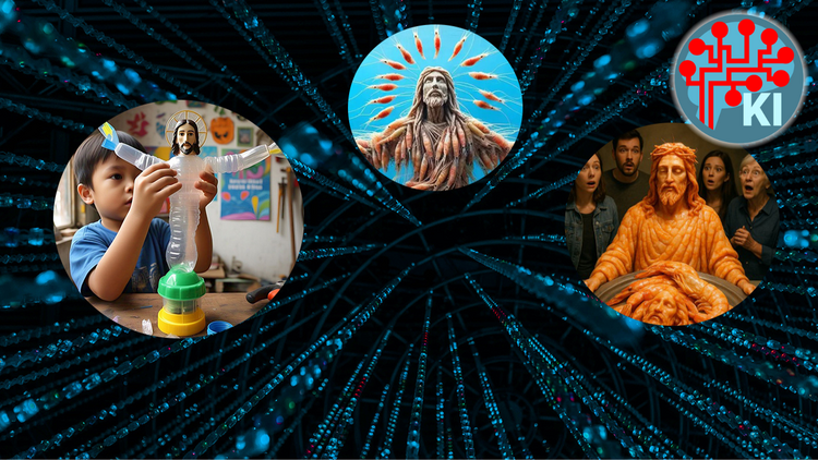 Vor dem Hintergrund einer bläulich dominierten Datenlinie mit Lichtern sind mehrere Bilder von "Shrimp-Jesus" zu sehen, welche KI-generierte Ausgaben von Jesus bestehend aus Garnelen ist