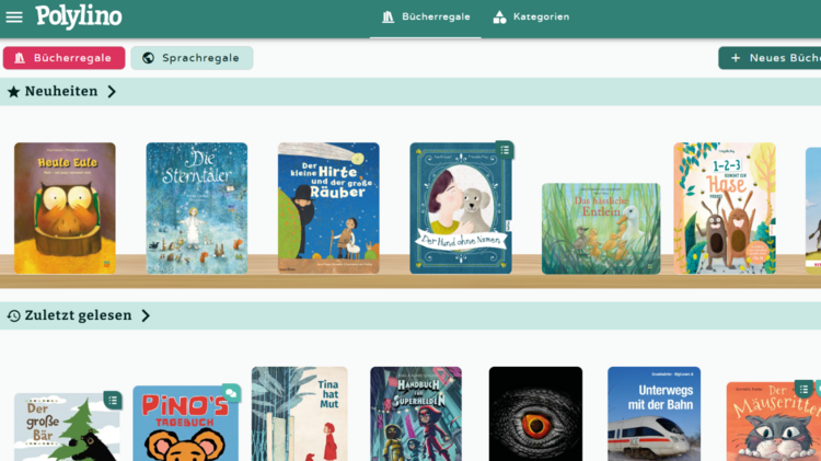Es ist ein digitales Bücherregal mit mehreren Buchcovern für Kinder zu sehen