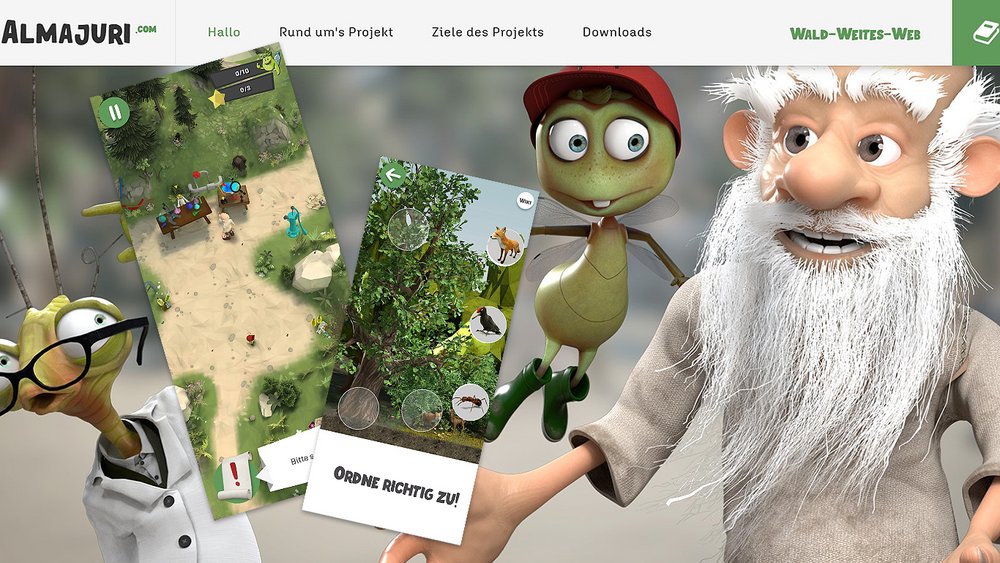 Auf dem Bild sind Screenshots der Lern-App "Almajuri" mit dem Glühwürmchen Piet und einem alten Mann zu sehen