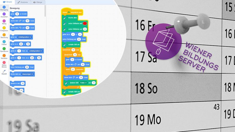 Ein Kalender mit dem Logo des Wiener Bildungsservers, links oben ein Bild mit Scratch-Code