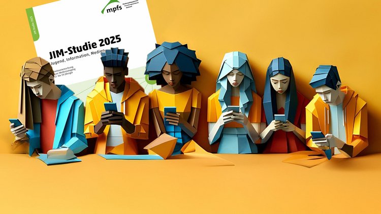 Im Vordergrund starren Jugendliche im Origami-Stil auf Smartphones, im Hintergrund ist das Deckblatt der JIM-Studie 2025 zu sehen