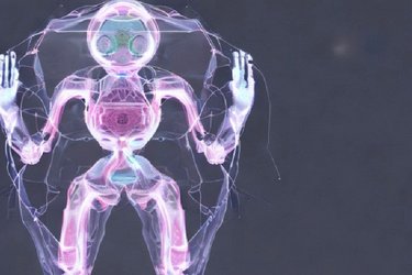 Die KI Stable Diffusion hat ein Bild mit einem humanoiden Roboter, der durchsichtig - lila - türkis ist, geliefert.