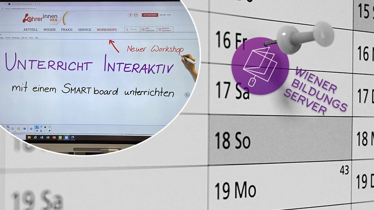 Ein Kalender mit dem Logo des Wiener Bildungsservers, links oben ein Bild eines SMART Boards
