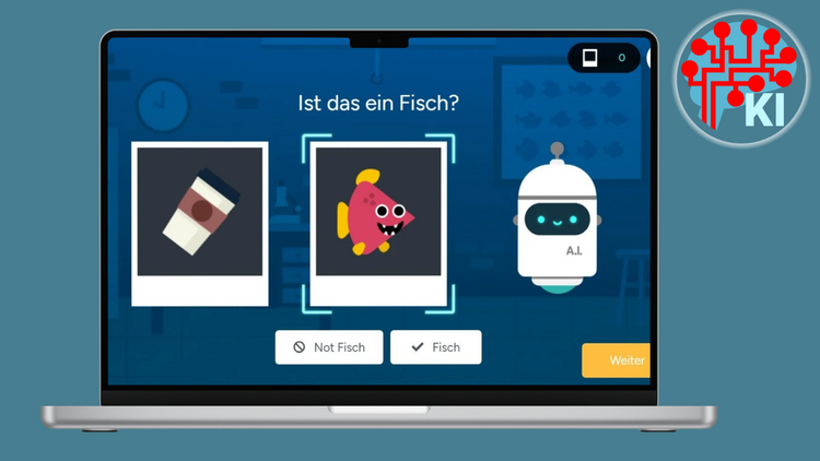 Vor azurblauem Hintergrund steht ein grafisch visualisierter Laptop, auf dem ein Screenshot des Lernspiels "KI für Ozeane" zu sehen ist