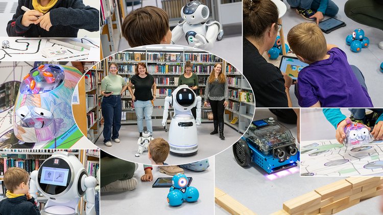 Im Bild sind mehrere Roboter, meist in Interaktion mit Kindern oder Erwachsenen, in einer Bücherei zu sehen