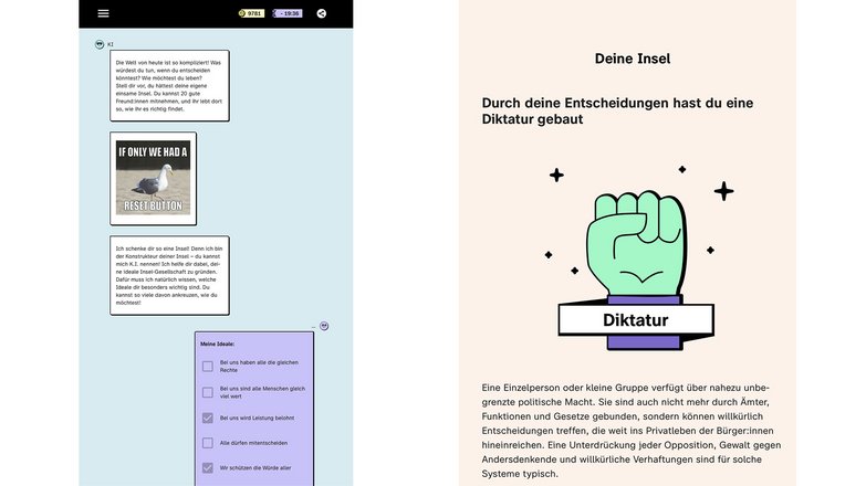 Zwei Screenshots aus dem Browserspiel "Deine Insel": Links im Bild ein Chatverlauf mit dem Spiel-Chatbot "KI" und rechts im Bild ein Screenshot des Ergebnisses, bei dem eine Diktatur rausgekommen ist.