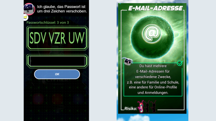 Zwei Screenshots aus dem Spiel "Sherlock Phones" nebeneinander: Links ist ein Passworträtsel zu sehen, rechts eine Information zu E-Mail-Adressen.