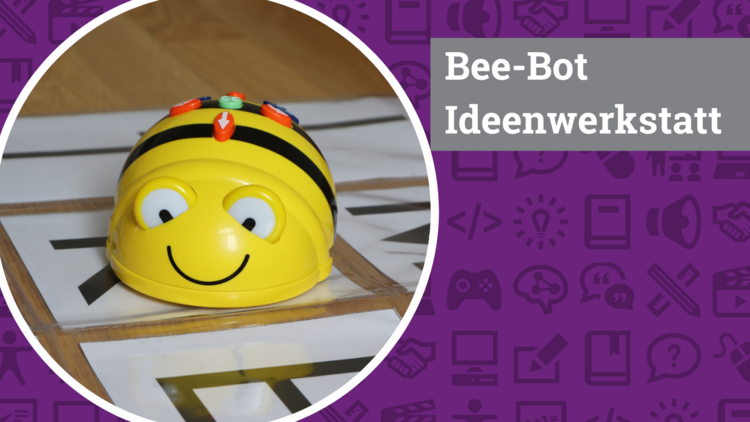 Auf lila Hintergrund sind in etwas dünklerer Farbe verschiedene Icons mit Medien- und Bildungskontext zu erkennen. Links im Bild ein runder Bildausschnitt mit weißem Rahmen, darin ist ein Bee-Bot auf einer Buchstaben-Matte zu sehen. 