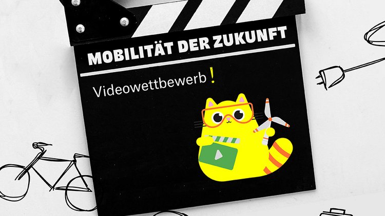 Eine geöffnete Filmklappe mit der Aufschrift "Mobilität der Zukunft" vor einem Hintergrund mit diversen Symbolen aus dem Bereich Mobilität & Transport. 