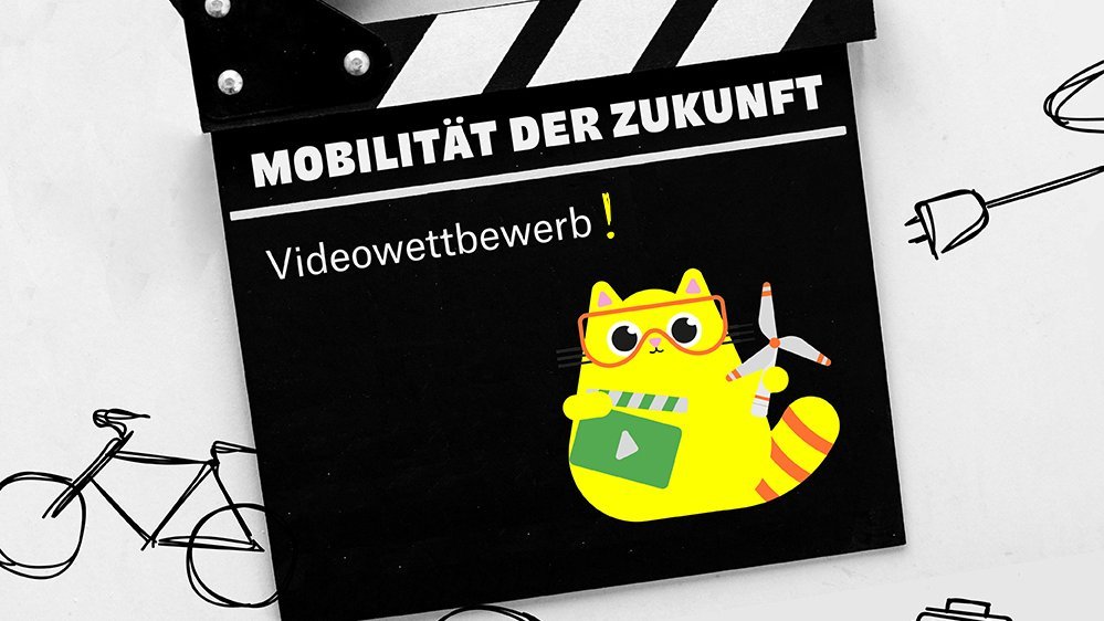 Eine geöffnete Filmklappe mit der Aufschrift "Mobilität der Zukunft" vor einem Hintergrund mit diversen Symbolen aus dem Bereich Mobilität & Transport. 