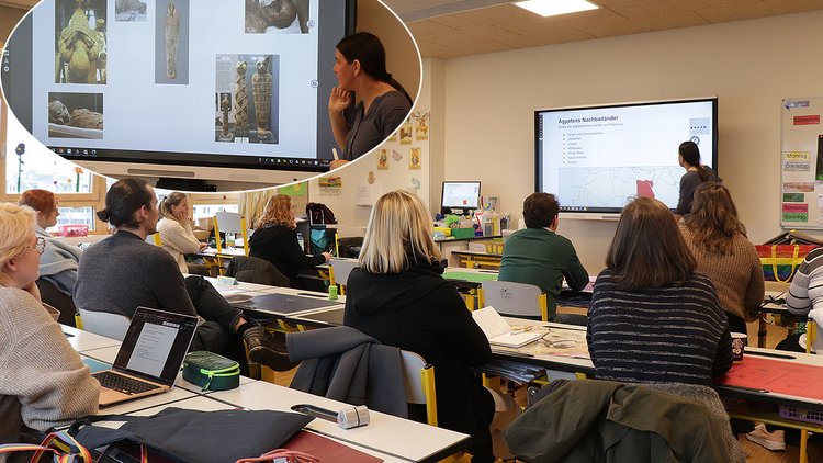 Auf den Bildern ist eine Klasse und eine Pädagogin an einem Smart Board zu sehen