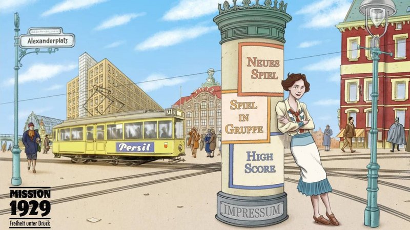 Im Cartoon-Stil ist eine Berliner Straßenszene zu sehen, eine Frau lehnt im Vordergrund an einer Litfaßsäule