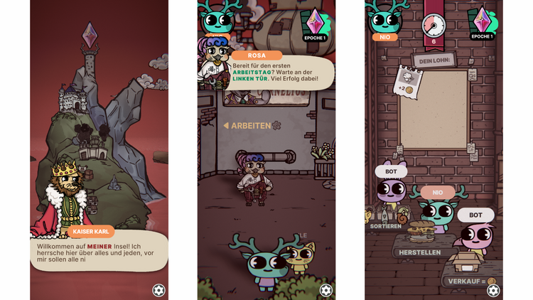 Drei Screenshots aus dem Lernspiel One Up Island.