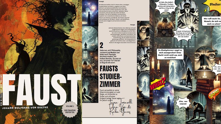 Das Cover sowie einige Seiten des medienpädagogischen Projekts "Faust goes KI", auf dem Szenen aus Goethes Faust zu sehen sind