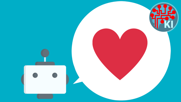 Grafik eines Roboterkopfes, von dem eine große Sprechblase wegführt. In der Sprechblase ist ein rotes Herz.