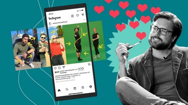 Bildcollage: Zu sehen ist ein junger Mann, der auf ein vergrößertes Handy blickt auf dem Instagram zu sehen ist, dazwischen sind Herzen zu sehen.