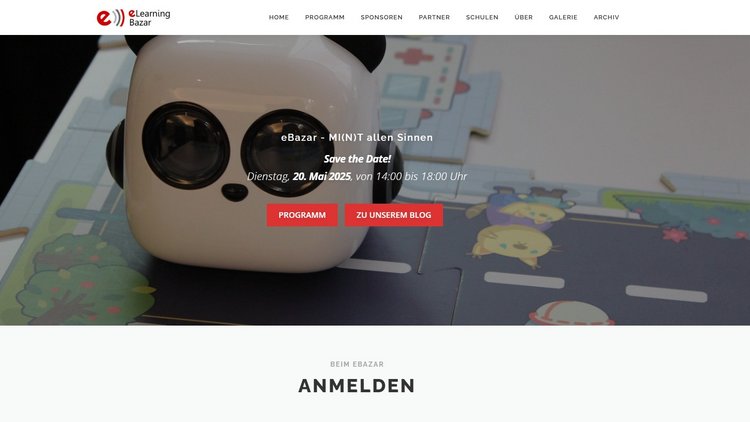 Der Screenshot der Webseite des eLearning-Bazars 2025 zeigt das verdunkelte Bild eines kleinen Lernroboters