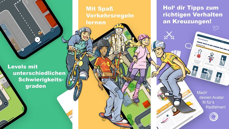 Im Vordergrund sind mehrere Jugendliche auf Fahrrädern im Comic-Stil zu sehen, dahinter Screenshots der Lern-App "Risi&Ko"
