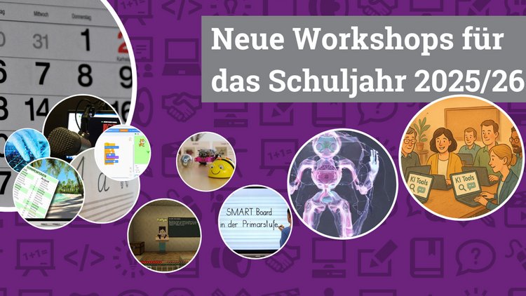 Rechts oben im Bild steht Weiß auf Grau: "Neue Workshops für das Schuljahr 2025/26", darunter sind in vielen einzelnen Blasen viele verschiedene Bilder zu sehen, zum Beispiel von einem Bee-Boot, einer Smart-Board-Tafel usw.