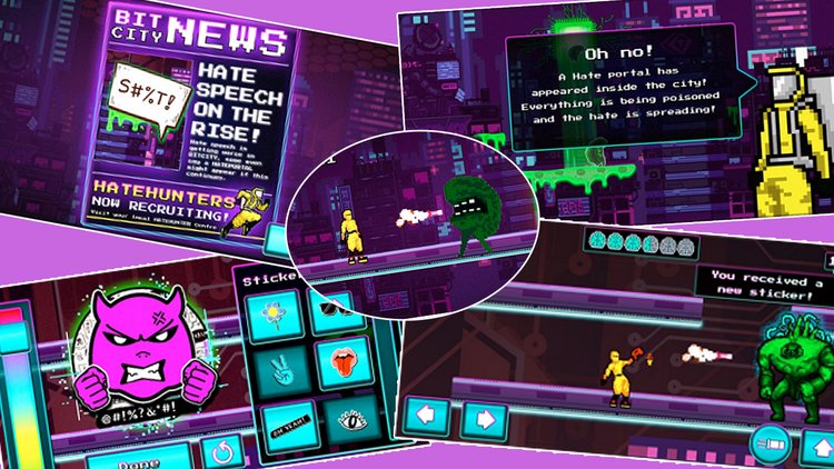 Es sind mehrere Screenshots aus dem Lernspiel "Hate Hunters" zu sehen