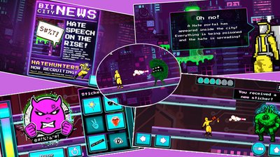 Es sind mehrere Screenshots aus dem Lernspiel "Hate Hunters" zu sehen