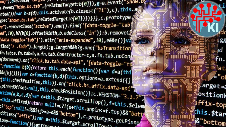 Rechts ist eine Frau abgebildet, über sie sind digitale Codes gebettet - rechts oben sieht man das KI-Logo des Wiener Bildungsservers