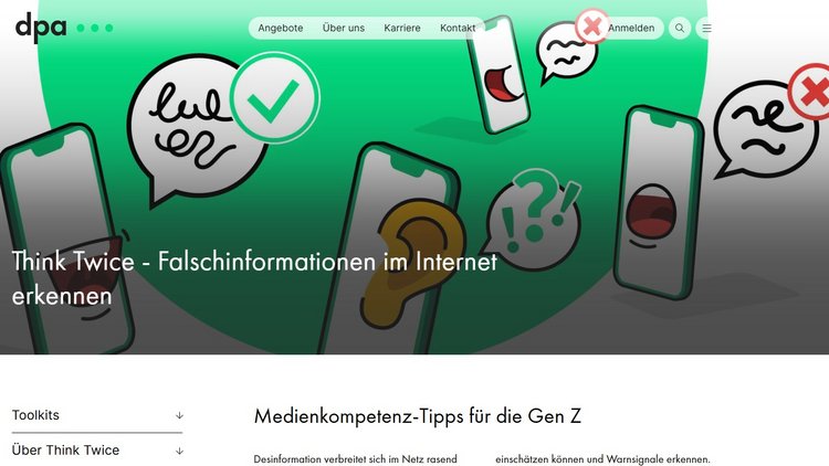 Im Comic-Stil sind sprechende und hörende Smartphones zu sehen, darüber steht in weißer Schrift: "Think Twice - Falschinformationen im Internet erkennen"