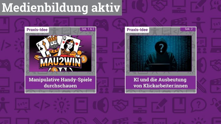 Links oben ist "Medienbildung aktiv" zu lesen, in der Bildmitte sind die Slides von zwei neuen Praxis-Ideen zu sehen