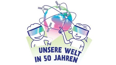 Grafik des Schulwettbewerbs "Die Welt in 50 Jahren": Ein gleichnamiger Schriftzug, darüber sind die Grafik eines Buben und eines Mädchens zu sehen, die mit futuristischen Brillen auf die Weltkugel blicken.