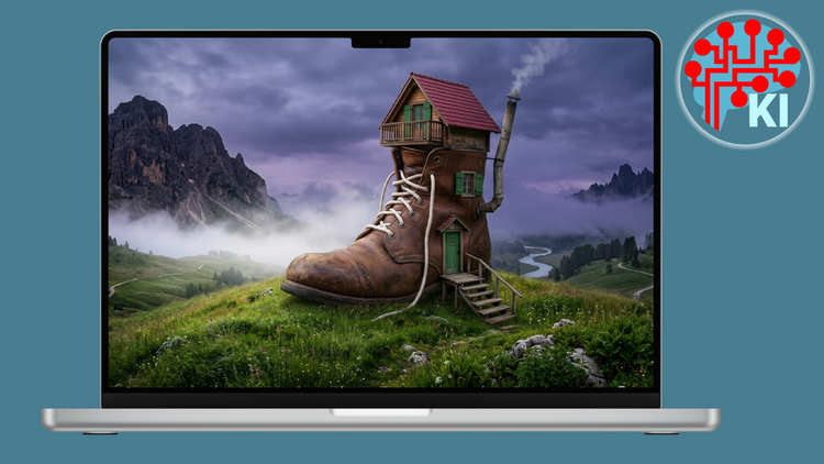 Ein Laptop vor türkisem Hintergrund. Am Bildschirm des Laptops ist ein fantasievolles Bild eines Stiefel-Hauses zu sehen.