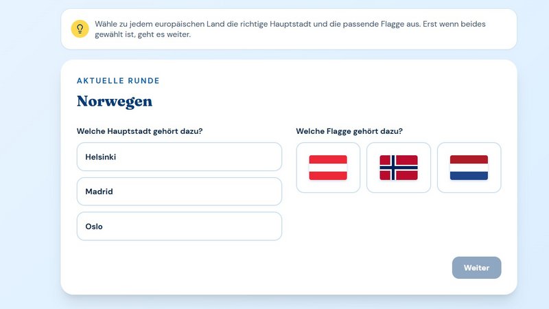 Quizoberfläche eines KI-generierten Zuordnungsspiels: Zum Land Norwegen muss die passende Hauptstadt und Flagge zugeordnet werden