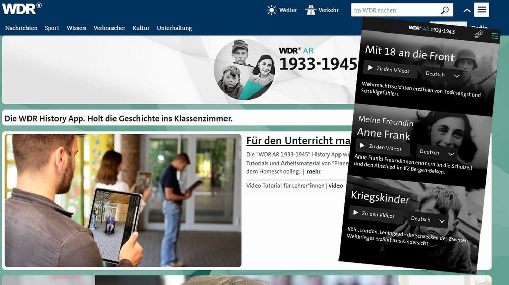 Der Screenshot zeigt die Seite der WDR-History-App 1933-45 sowie rechts auch den Startschirm der App mit Bildern aus dem Zweiten Weltkrieg